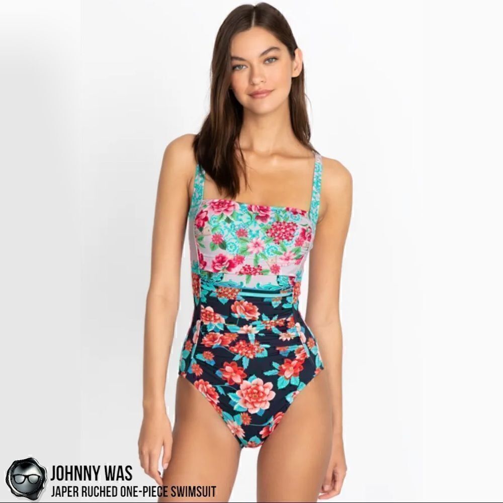 JOHNNY WAS JAPER RUCHED ONE PIECE SWIMSUIT IN FLORAL BLUE RED SMALL, LARGE NEW - Picture 4 of 16